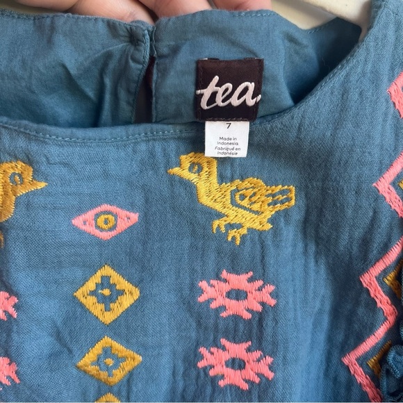 Tea Collection Blue Gauze Dress with Yellow and Pink Embroidery - Size 7 - Picture 2 of 7
